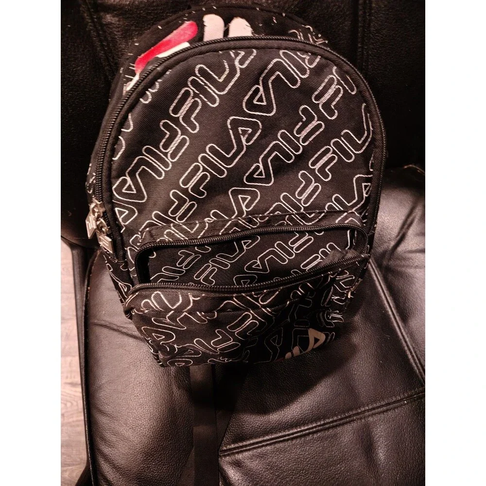 FILA Mini Backpack Black/White Logo Print Zip Closure Adjustable Straps